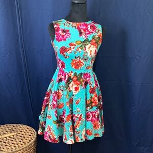 Floral Sleeveless Mini Dress - Blue and Red